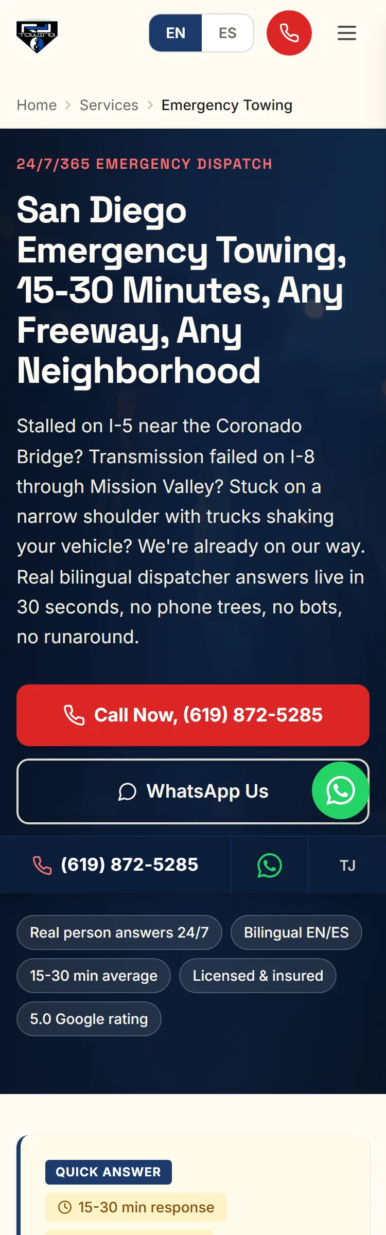Emergency towing service page on mobile