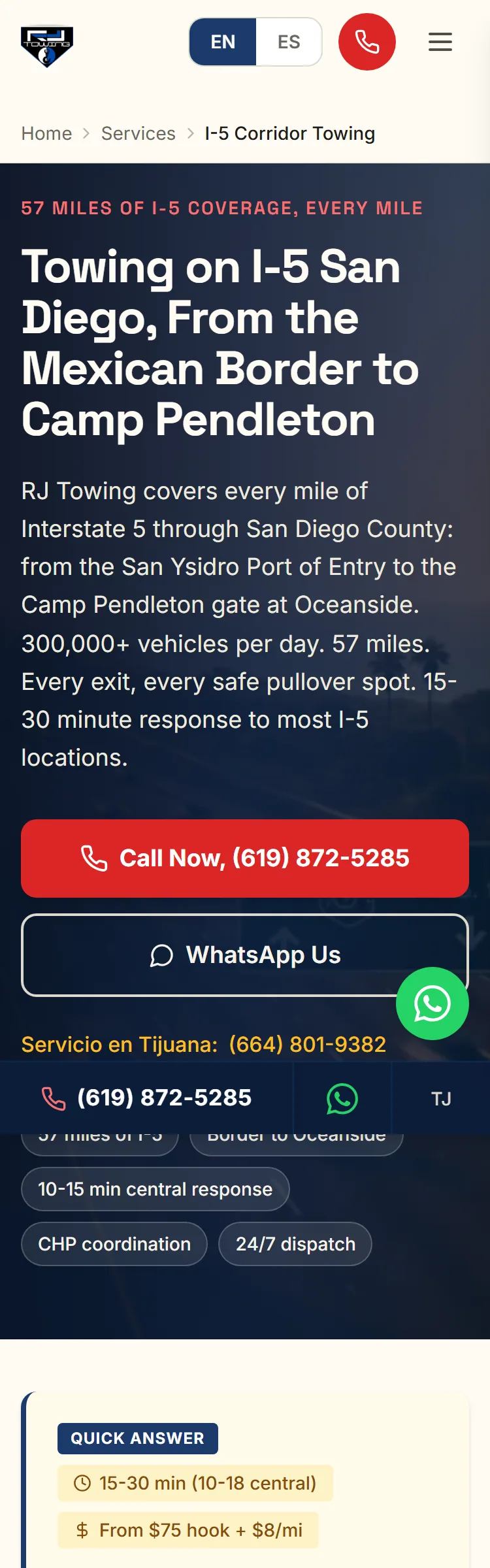I-5 freeway corridor page on mobile