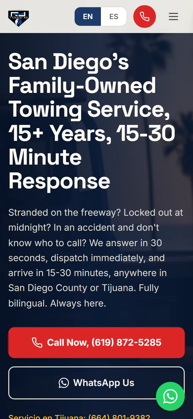 New RJ Towing homepage with trust row, reviews, and Spanish CTA