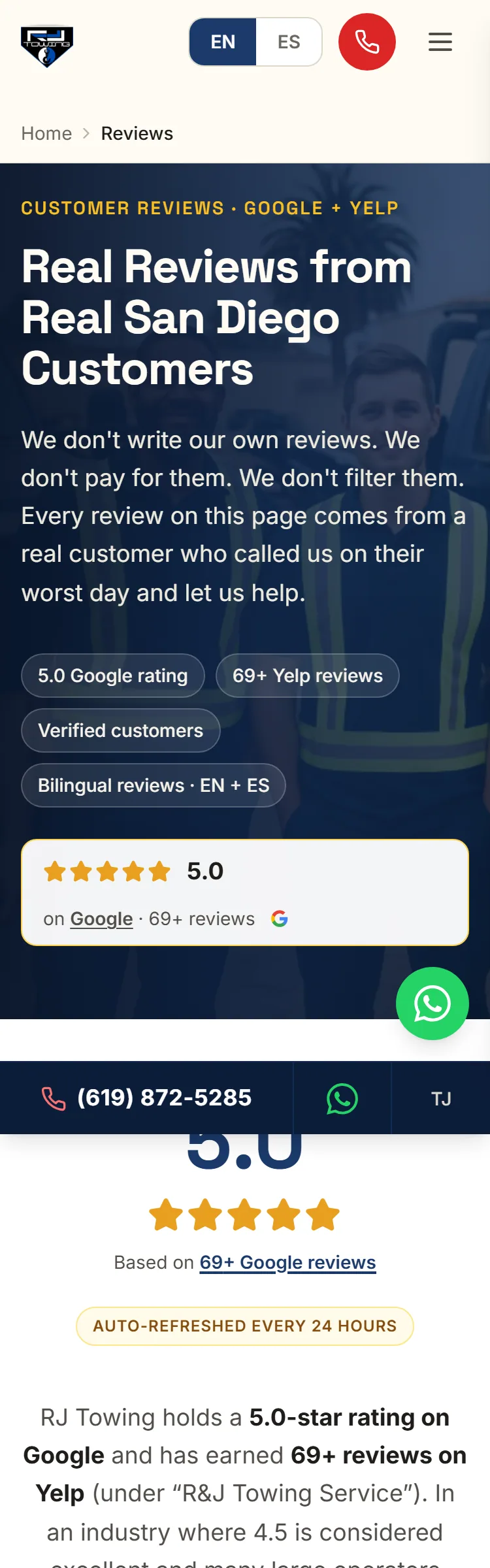 Reviews page on mobile
